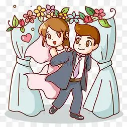 卡通婚礼插画下载 png下载psd简约手绘风唯美浪漫婚礼亲吻的新人元素