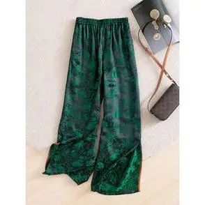 女f0929飘逸仙气松紧腰开叉阔腿裤重磅提花真丝东方华贵气韵