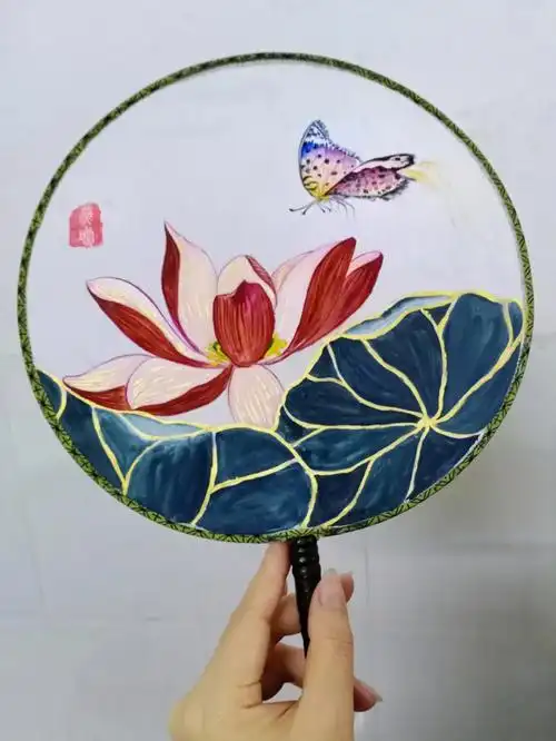 原创水彩荷蝶团扇