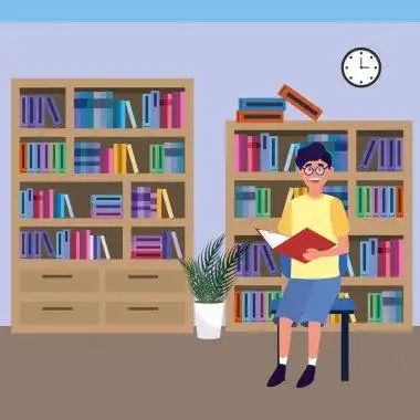 卡通人物在图书馆读书图书馆室四个大字男子和妇女坐在桌灯上它和阅读