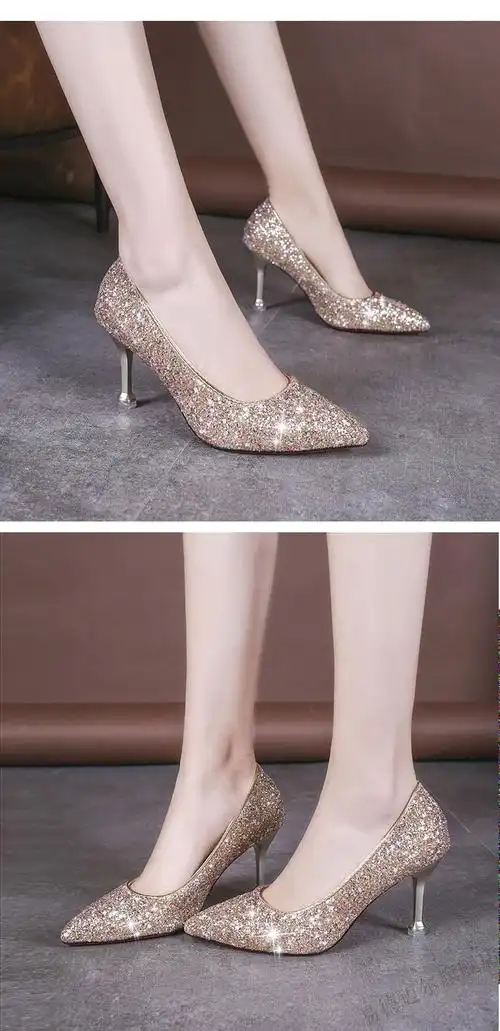 卡帝乐鳄鱼轻奢潮牌晚礼服高跟鞋女宴会中跟新娘婚鞋婚纱细跟色水晶鞋