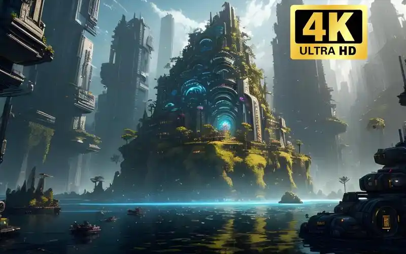 【赛博朋克】4k史诗级科幻浮岛建筑场景之七,ai绘画设计