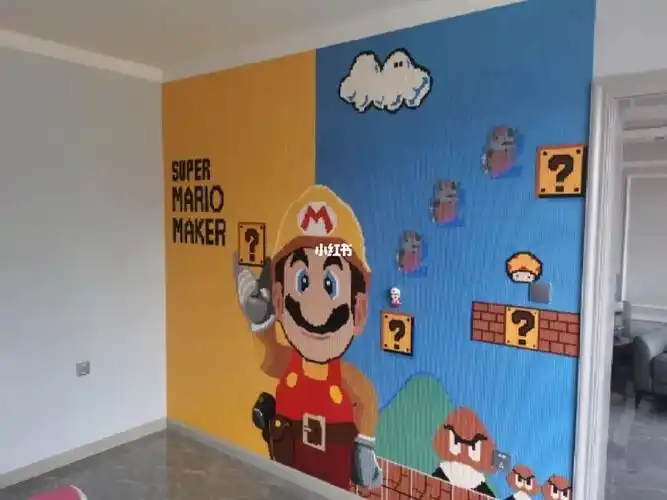 底板是黄色和蓝色,图案挺好看的,后面的做模糊的马里奥跳动#乐高墙