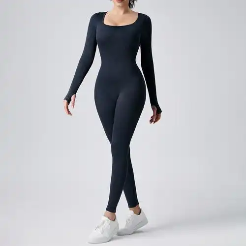 欧美新款一体式长袖速干运动无缝瑜伽连体衣紧身磨砂连体瑜伽服女