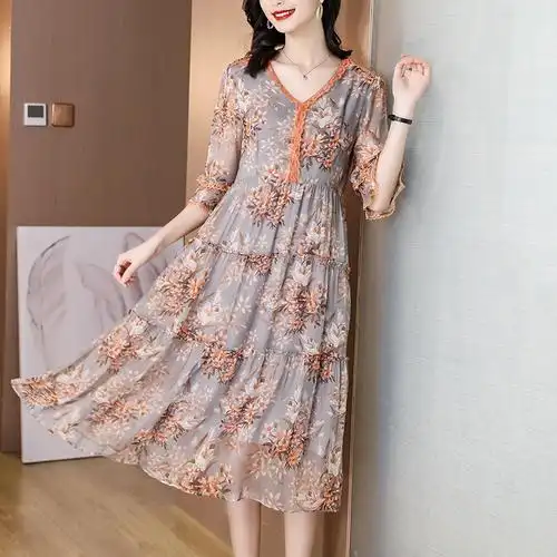 夏装高端大牌真丝桑蚕丝连衣裙中长款短袖印花裙子高端2021夏季优雅