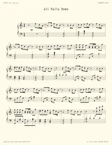 《all falls down,钢琴谱》8级,c调,alan walker(五线谱 钢琴曲 指法)