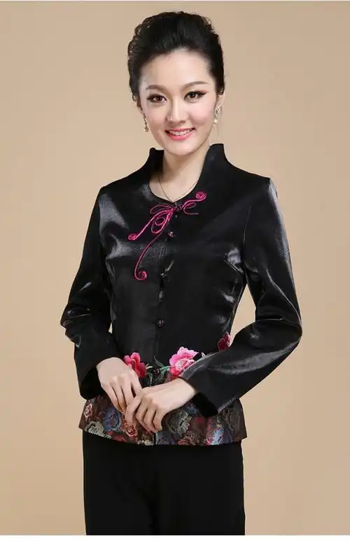 唐装女士春秋装中年妈妈装亮丝中式盘扣绣花修身长袖外套上衣