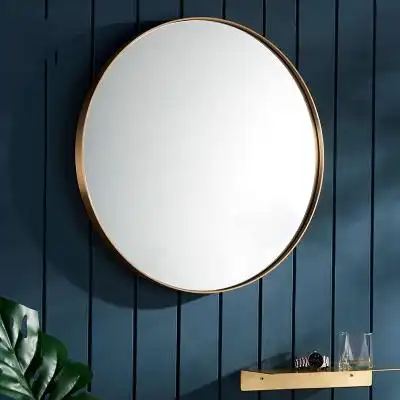 铜圆镜北欧轻奢浴室镜圆形卫生间镜子挂墙洗手间化妆镜壁挂装饰