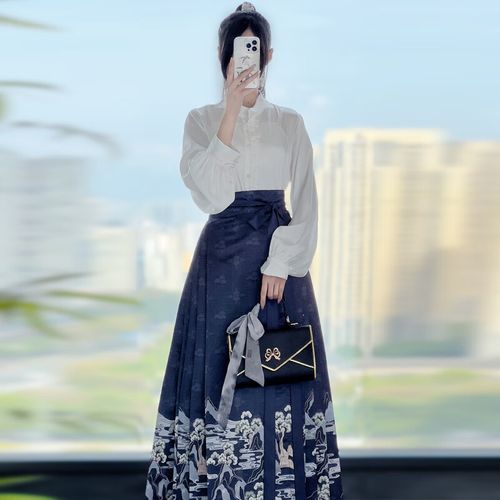 芬格顿马面裙全套新中式夏季日常现代汉服明制立领短衫女 两件套(白色