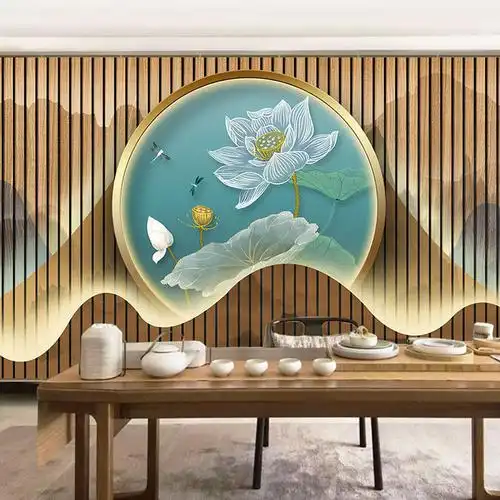 禅意古典茶室壁纸新中式荷花背景墙直播间茶台壁布茶艺茶叶店墙纸