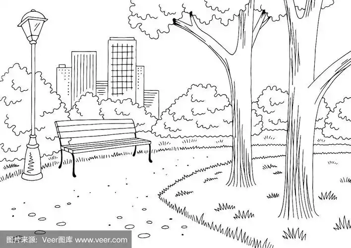 公园,长椅,绘画插图,灯,白色