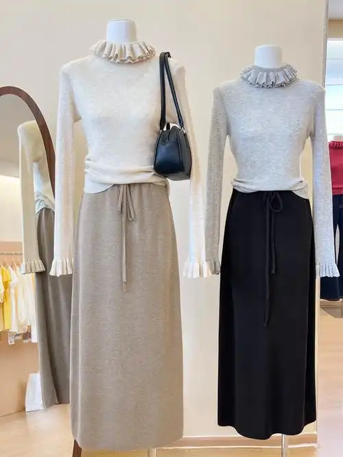 实拍~针织半身裙女秋冬长款系带松紧高腰a字裙过膝长裙