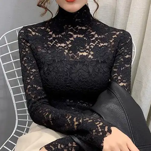 高领蕾丝打底衫女秋冬2020新款洋气内搭黑色网纱镂空长袖紧身上衣