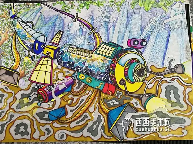 小学生获奖环保科幻画《雾霾动力未来号》鉴赏