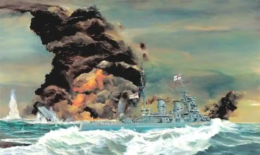 描绘"威尔士亲王"号从爆炸沉没的"胡德"号一侧驶过,图取自装甲铲屎官