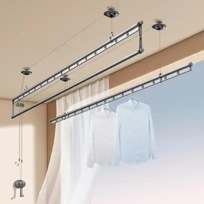 手摇升降晾衣架阳台顶装双杆式手动晒被杆子 - 升级三杆,顺滑手摇器