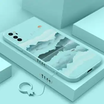 手机壳v30pro侧边保护液态硅胶中国古风软壳直边防摔山水画男女淡青色