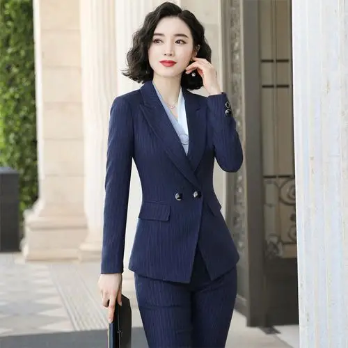 条纹职业装西装套装女时尚气质女神范西服面试正装教师工作服女春