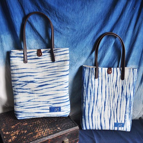 像河一样手工扎染蓝染波浪植物单肩布包pu通用款女包