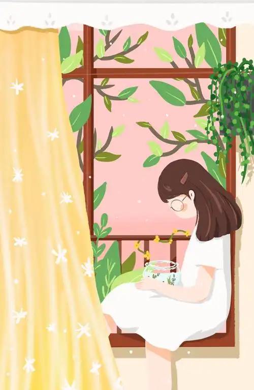 坐在窗前抱着鱼缸的戴眼镜女孩