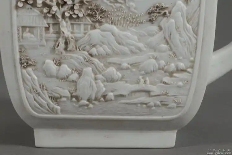 民国,"王炳荣制"白釉雕瓷山水风景四方壶