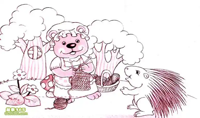 他看见熊奶奶正守着一堆毛线发愁,小豪猪赶紧上前帮忙,帮助熊奶奶把一