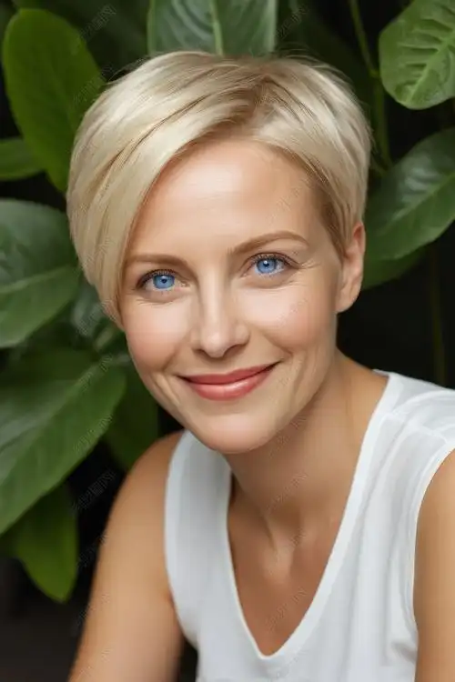 原创金发女郎蓝眼睛白色背心微笑高清图片