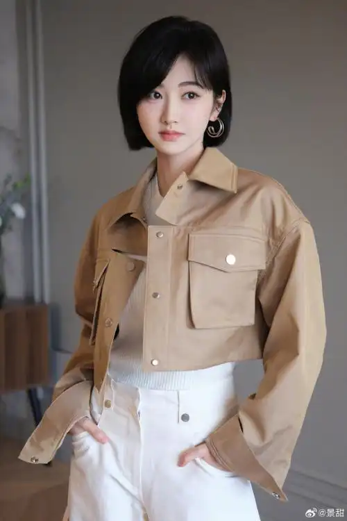 景甜短发搭配驼色皮衣 妆容精致温柔甜美