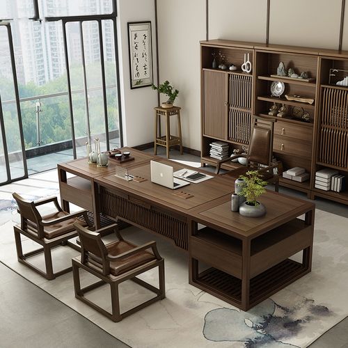 新中式办公桌 实木大班台主管桌总裁桌老板桌 总经理办公室家具
