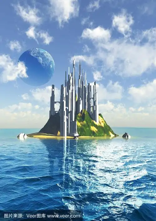 幻想景观,未来城市在外星行星系统,海洋和云,3d插图