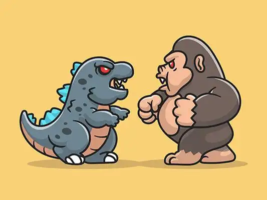 可爱卡通哥斯拉大战金刚插画,萌