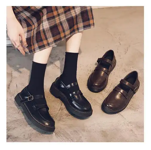 小皮鞋女学生学院风jk制服鞋2022夏季一字扣软妹日系复古黑色35