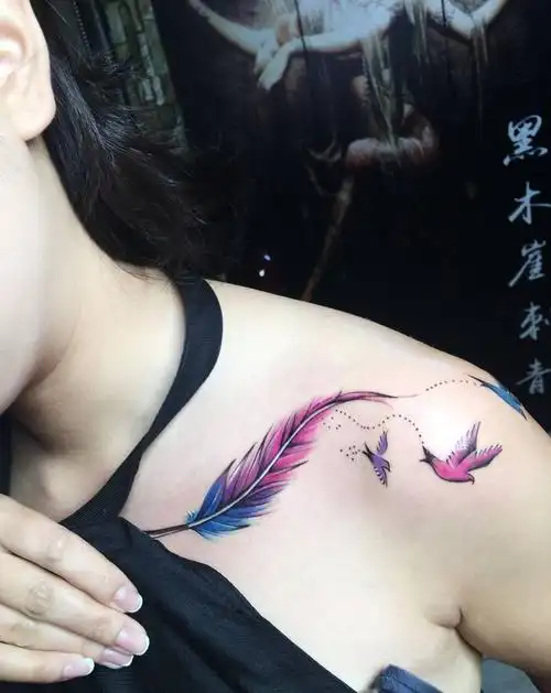 羽毛纹身图片_肩部清新原创纹身图案