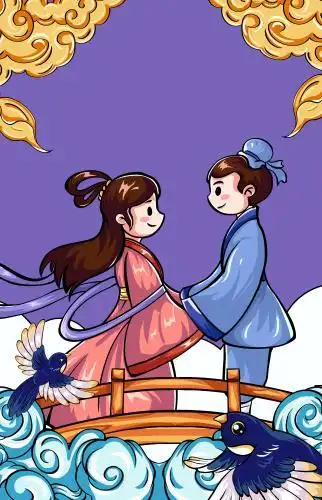 牛郎织女鹊桥相会国潮插画竖版