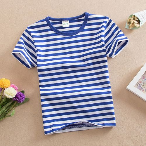 童装夏季海魂衫短袖t恤休闲条纹圆领海军风男女童纯棉t恤男孩半袖