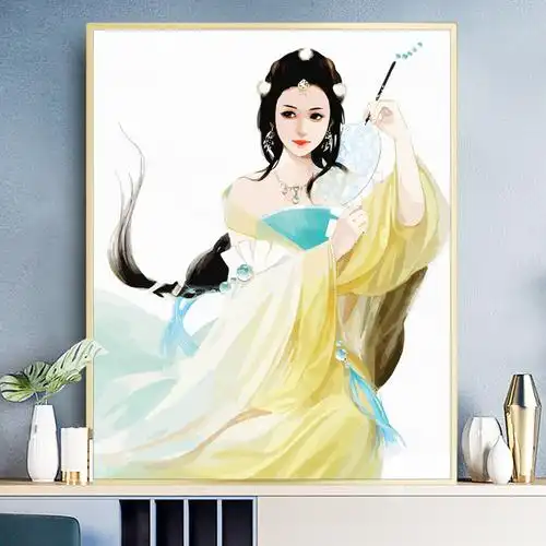 缘色数字油画diy手工填色减压古风少女中式客厅装饰画人物油彩画