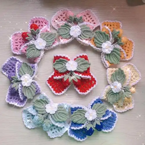 钩针镂空草莓花蝴蝶结公开图解