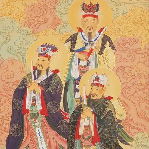 三官大帝神像画 三官大帝挂画 道教天官地官水官丝绸卷轴画已装裱