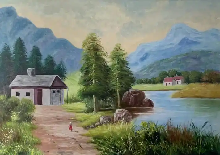 远山 湖泊 房子静谧的田园生活#丙烯画  #墙绘  #风景画  #壁画