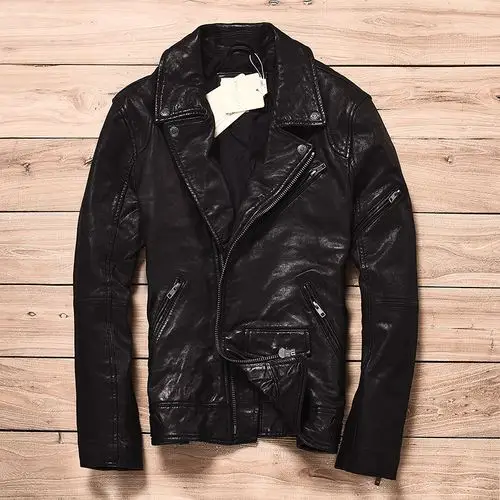 经典款机车皮衣男真皮车服皮夹克短款修身翻领斜拉链绵羊皮皮衣