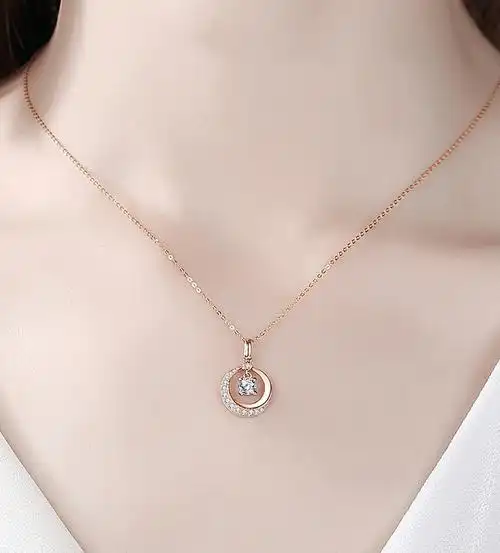 chormkewon奢侈品玫瑰金项链女18莫桑石圆圈吊坠彩金锁骨链饰品妇女节