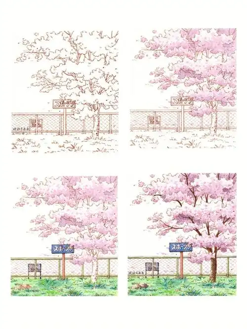 钢笔淡彩樱花场景樱花树过程图