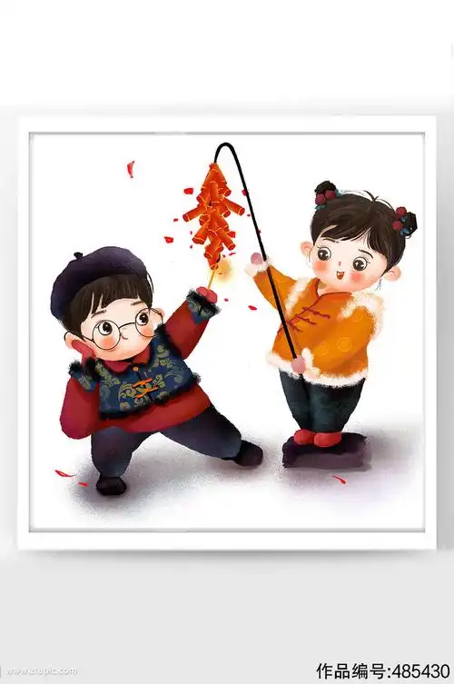春节牛年新年卡通插画福娃一起放鞭炮