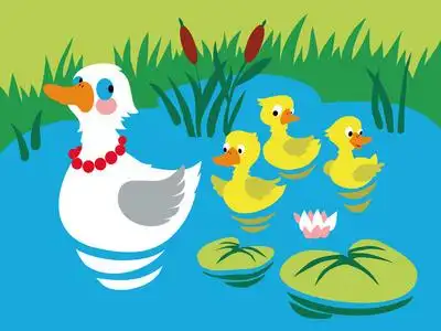 卡通小鸭子带着装饰好的鸡蛋美丽的成年鸭子从水中来到池塘岸边与小