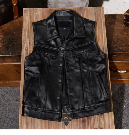 牛皮马甲男———荔枝纹士真皮美式复古咔叽机车马夹 棕色 s