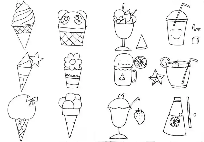 夏天来啦,冷饮,冰淇淋. 简笔画