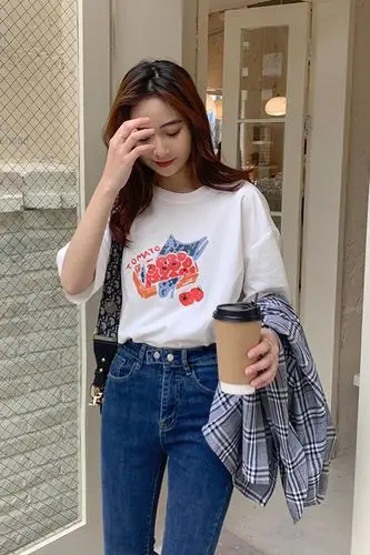 ins潮圆领印花短袖t恤女韩版宽松学生卡通百搭cec超火上衣