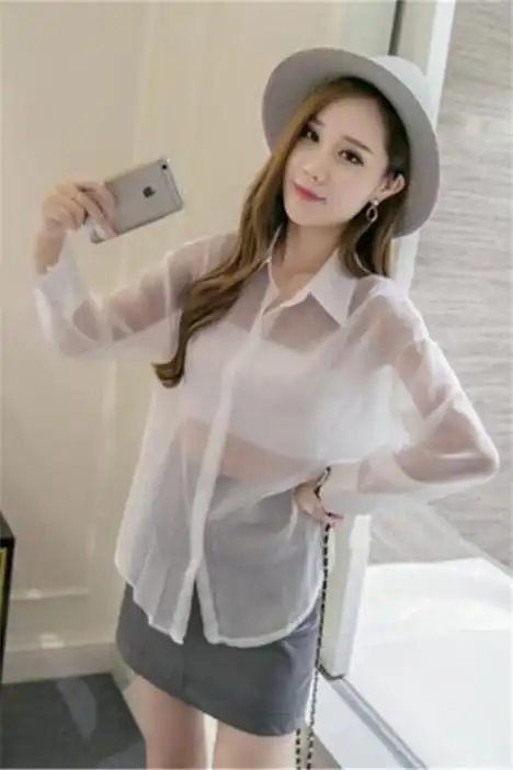 雪纺透明衬衫女春夏装2018新款长袖网纱透视性感衬衣超薄防晒上衣