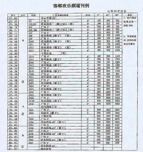 邯郸电视台三套欢乐频道2011年广告价格