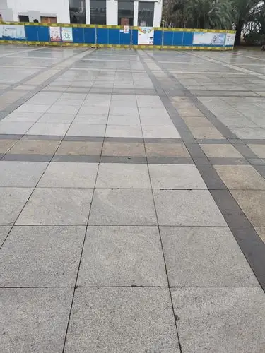 小广场处的地面铺装材料是麻石地砖和大理石瓷砖